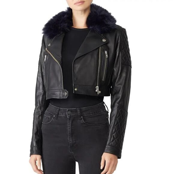 Samantha Sipos Faux Fur Cropped Leather Jacket Black Size S - Picture 1 of 9